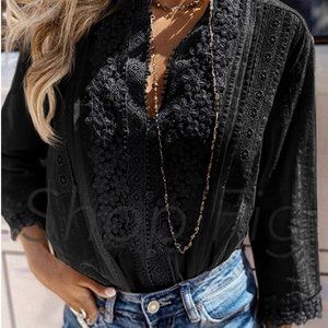 New Black Bohemian Lace Button Front Blouse Top Western Boho